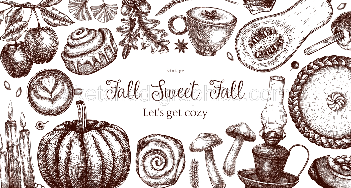Autumn frame design template. Hand-drawn vector illustration. Pumpkin, hot drink, fruit, pie, pastry, fall leaves sketches. Thanksgiving background, banner, border Illustration